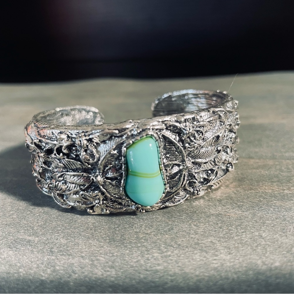 Silver and Green Filigree Cuff Bracelet